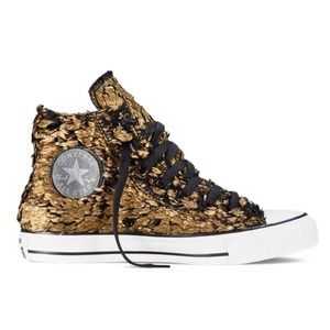Converse black and gold fur high tops size 10